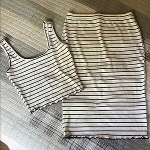 Striped Ribbed Tank and Midi Skirt Set - Black & White